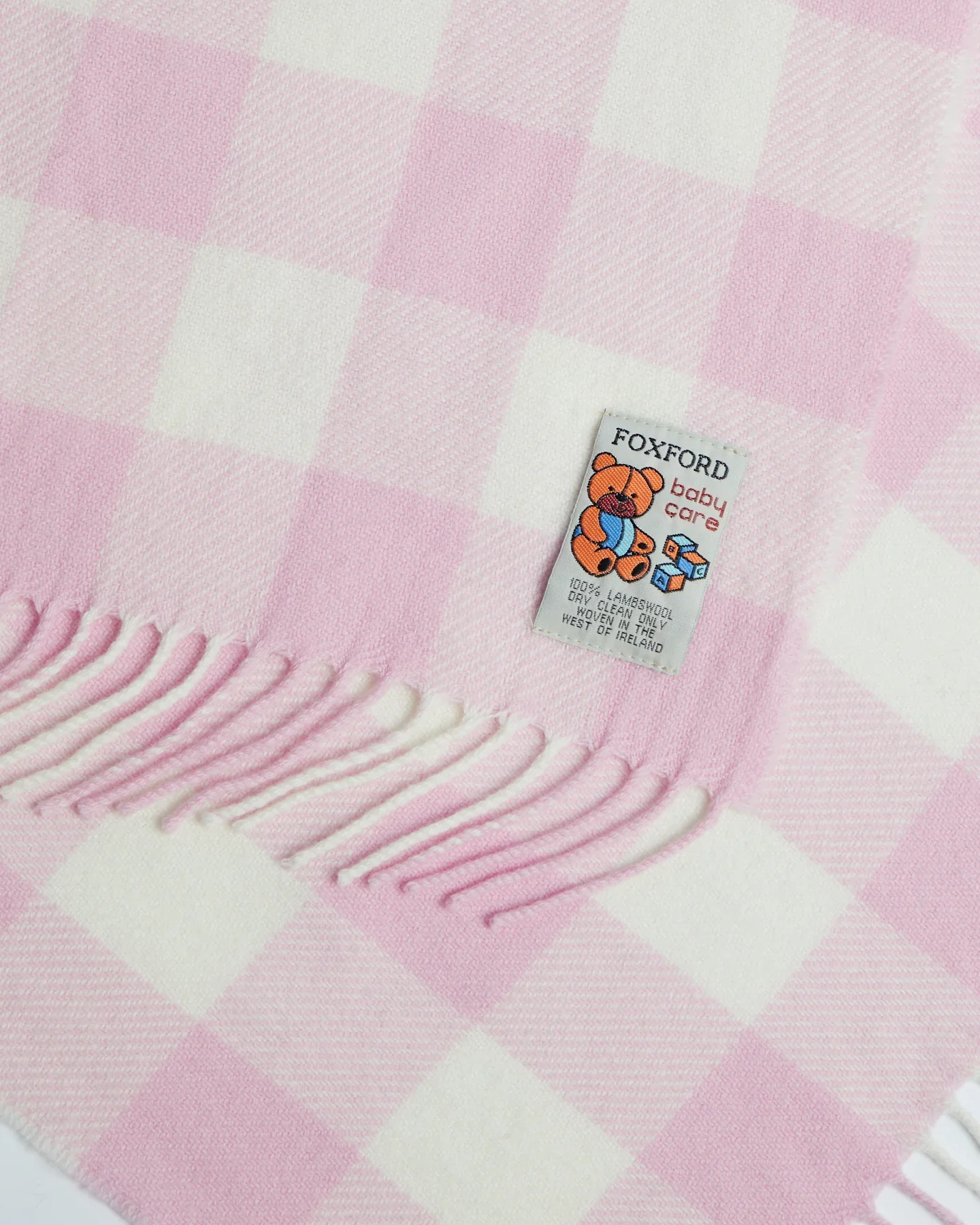 Foxford Pink Check Lambswool Baby Blanket - Image 3